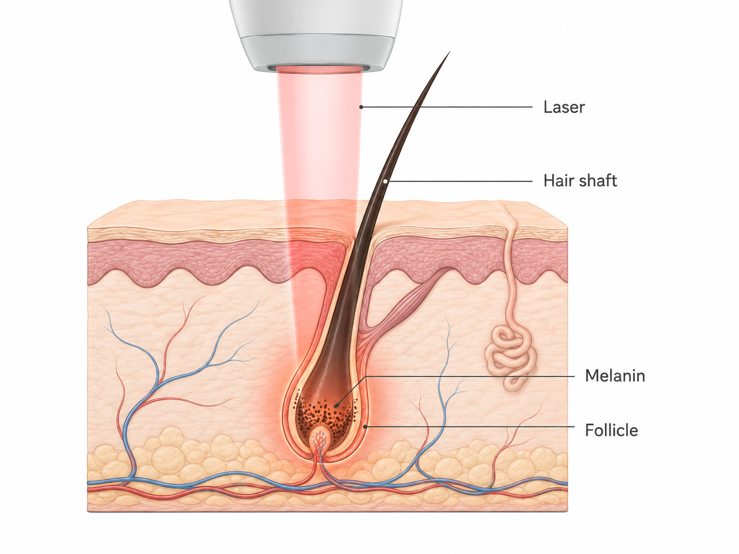 Anatomický rez kožou zobrazujúci laserový lúč cielený na vlasový folikul a melanín