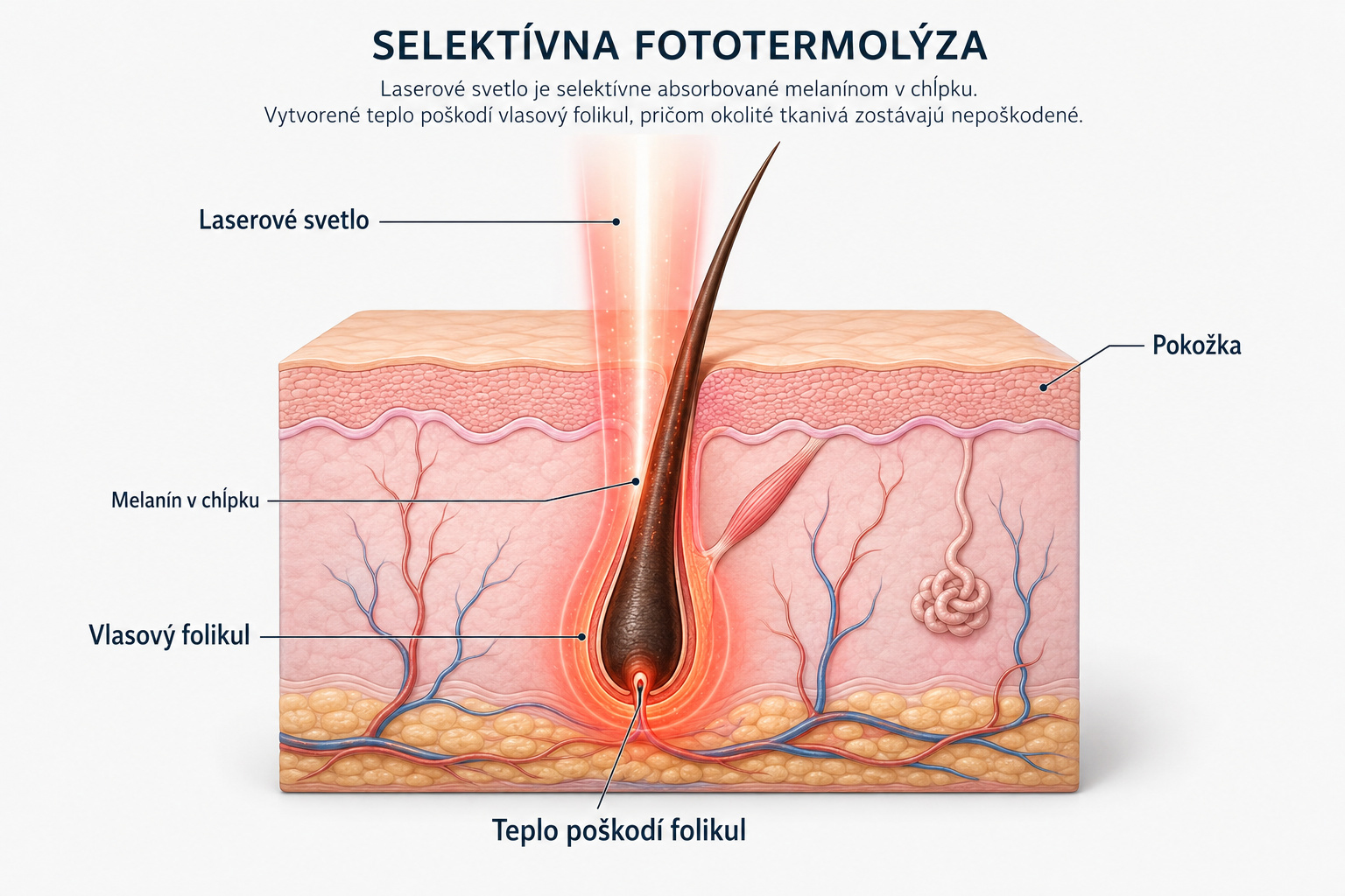 Ilustrácia laserového lúča smerujúceho na kožu s vlasovým folikulom v anatomickom reze